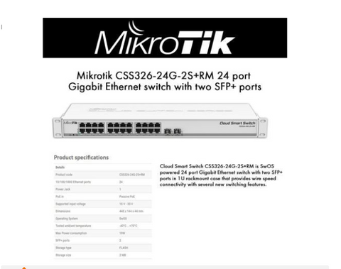 MikroTik - CSS326-24G-2S+RM - Cloud Smart Switch 326-24G-2S+RM with 24x Gigabit Ethernet ports, 2x SFP+ cages, 1U