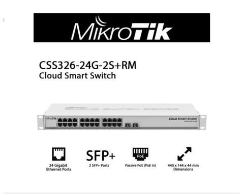 Mikrotik Cloud Smart Switch CSS326-24G-2S+RM, 24 x Gbit LAN, 2x 10Gbit SFP+ Cage