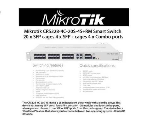 MikroTik - CRS328-4C-20S-4S+RM - Cloud Router Switch 328-4C-20S-4S+RM with 800MHz CPU, 512MB RAM, 20x SFP cages, 4x SFP+