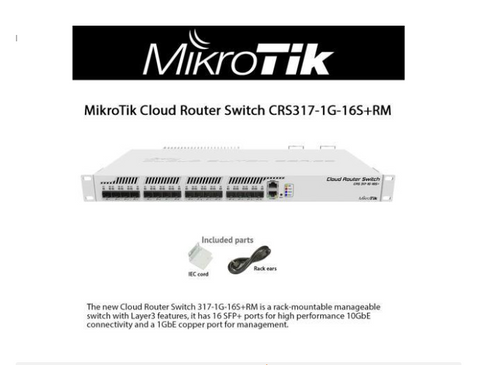 MikroTik - CRS317-1G-16S+RM - Cloud Router Switch 317-1G-16S+RM with 800MHz CPU, 1GB RAM, 1x Gigabit LAN, 16x SFP+
