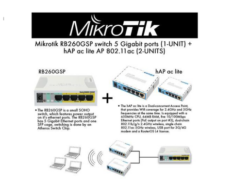 Mikrotik RB260GSP switch 5 Gigabit ports + hAP ac lite AP 802.11ac (2-UNITS)