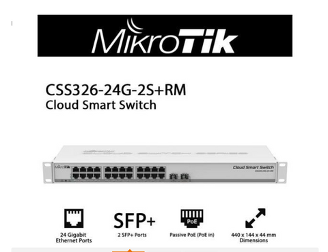 Mikrotik Cloud Smart Switch CSS326-24G-2S+RM SwOS 24 Port Gigabit Ethernet Switch with Two SFP+ Ports in 1U Rackmount case