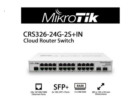 MikroTik - CRS326-24G-2S+IN - Cloud Router Switch 326-24G-2S+RM with 800MHz CPU, 512MB RAM, 24x Gigabit LAN, 2x SFP+