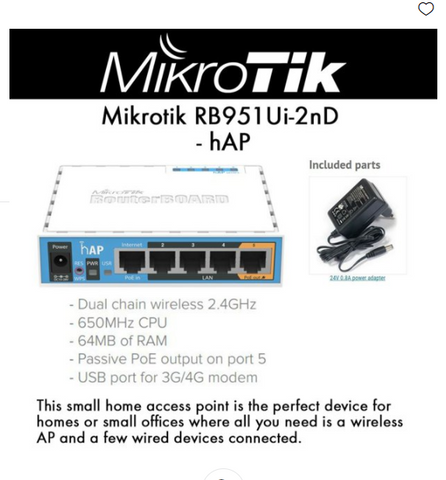 MikroTik RB951Ui-2nD hAP Indoor Wireless Router, 802.11b/g/n, 64MB RAM, 650MHz
