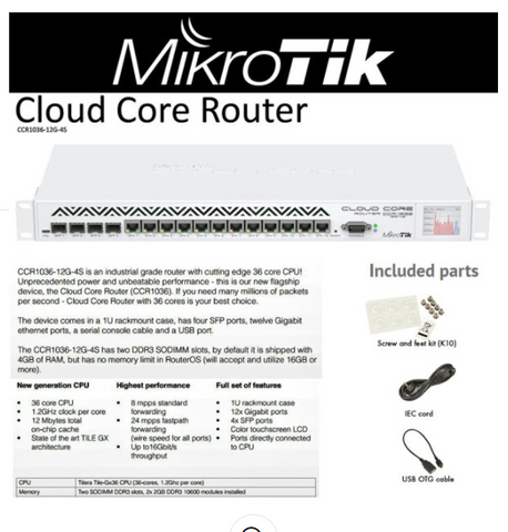 Mikrotik CCR1036-12G-4S Cloud Core Router 12-port Gigabit 36 X 1.2GHz CPU