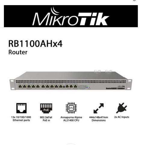 Mikrotik RB1100AHx4 13x Gigabit Port Router, Powered by Annapurna Alpine AL21400 CPU with Four Cortex A15 cores, clocked at 1.4GHz Each, for a Maximum throughput of up to 7.5Gbit