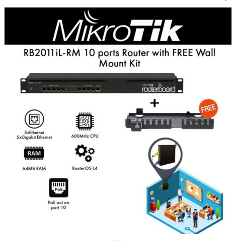 Mikrotik RB2011iL-RM Multifunctional Router 5xEthernet, 5xGigabit Ethernet, PoE Out on Port 10 with Free RB2011 Wall Mount Kit